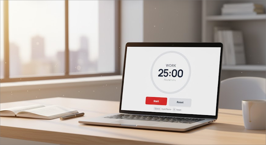 Tomatoid Pomodoro Timer on a modern laptop in a well lit scandinavian style home office